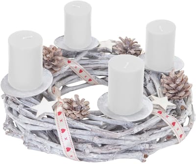 Adventskrans rond, kerstdecoratie tafelkrans, hout Ø 30cm wit-grijs ~ met kaarsen, wit