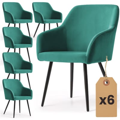 Set van 6 Eetkamerstoelen ESTELLE met Armleuningen / Gestoffeerde Stoelen / Fluwelen Stoelen en Metalen Poten / Flesgroen met zwarte benen