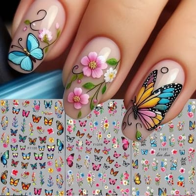 Nagelstickers - Nail Art - Vlinders - Kleurrijk - 3 Velletjes