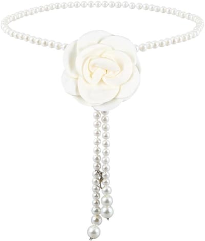 Allecto- Bloem Parel Ketting - Parels - Vrouwen Verstelbare - Zwart Wit - Parel Kralen Riem - Geschikt voor Taille - Zwarte Bloem Witte Parels