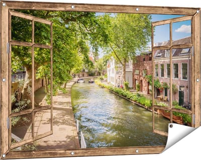 Gards Tuinposter Doorkijk Oudegracht in Utrecht - 120x80 cm - Tuindoek - Tuindecoratie - Wanddecoratie buiten - Tuinschilderij