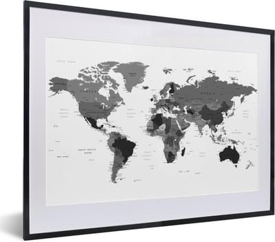 Poster in lijst - Fotolijst 40x30 cm - Posters - Wereldkaart - Kleuren - Topografie - Kinderen - Jongens - Meisjes - Posterlijst zwart - Decoratie - Wanddecoratie woonkamer - Muurdecoratie slaapkamer