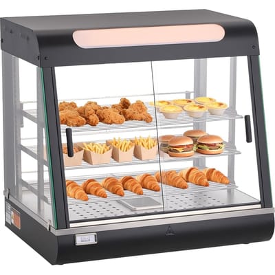 Chauffeur-présentoir alimentaire commercial à 3 niveaux, Chauffeur-présentoir alimentaire 1200W avec lumière LED, Rangement supérieur et étagères réglables, Chauffage à vapeur 30-85°C, 106Qt/100L