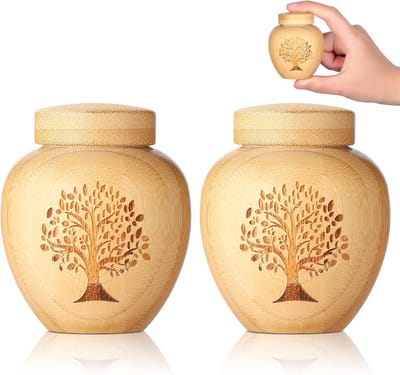 Mini Bamboe Urn - Kleine Gedenk-urn met Levensboom - Set van 2 - 5.5 x 6.5cm - Voor As van Mensen en Huisdieren - Keepsake Urn - Milieuvriendelijk