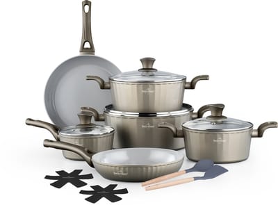 Swiss Haus® CC3014CH 14-delige Pannenset Inductie – PFAS Vrij – Keramische Antiaanbaklaag Pannen – Complete Inductie Pannenset - Koekenpannen, Braadpannen & Steelpan - Champagne