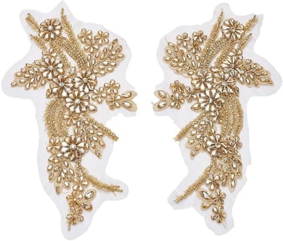 1 Paar Handgemaakte Strass Applicaties 336x178x6.5mm Donker Khaki Borduurwerk Bloem Patches voor Kleding, Bruidsjurk en Accessoires met Kralen
