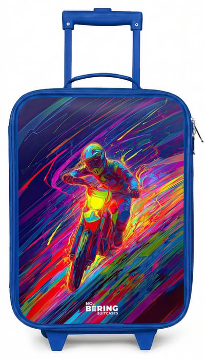 NoBoringSuitcases.com® - Kinderkoffer blauw - Kindertrolley jongen - Crossmotor - Neonkleuren - Lijnen - Helm - Koffer kind lichtgewicht - Reiskoffer trolley voor kinderen - Koffertje met lichtgevende wieltjes - Rolkoffer
