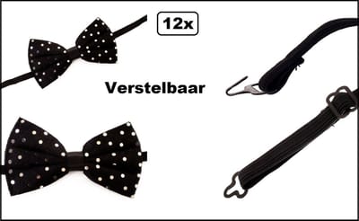 12x Luxe Vlinderstrik zwart met zilveren bolletjes verstelbaar - vlinder strik gala thema jubileum festival huwelijk strikje