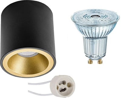 OSRAM - Opbouwspot Set - Parathom PAR16 940 36D - Proma Cliron Pro - GU10 Fitting - Dimbaar - Opbouw Rond - Mat Zwart/Goud - 3.7W - Natuurlijk Wit 4000K - Verdiept - Ø90mm
