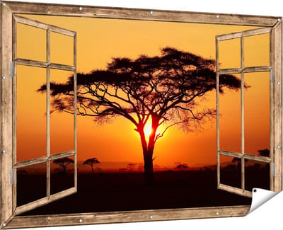 Gards Tuinposter Doorkijk Zonsondergang Achter een Savanne Boom - 180x120 cm - Tuindoek - Tuindecoratie - Wanddecoratie buiten - Tuinschilderij