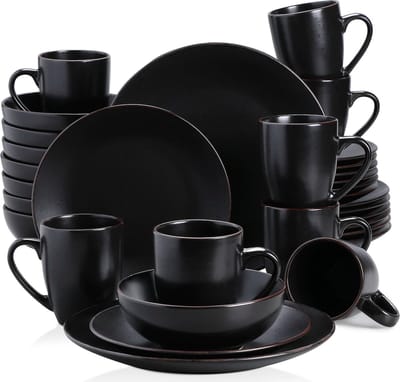 Vancasso Serviesset Zwart 32 stuks - Chique Serviesset - Tafelgerei set - serviesset Zwart - Elegante serviesset met kom en mok - Zwart