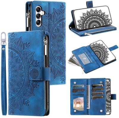 Telefoonhoesje geschikt voor Samsung Galaxy A37 5G - Portemonnee met rits - book-case hoesje - ruimte voor 7 pasjes - mandala bloemen blauw