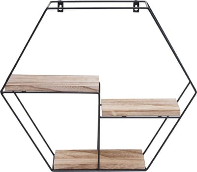 Caryota Wandrek Zeshoekig Groot - Wanddecoratie - 3 Lagen - Zwart - 43 x 49 x 11 cm - Metaal
