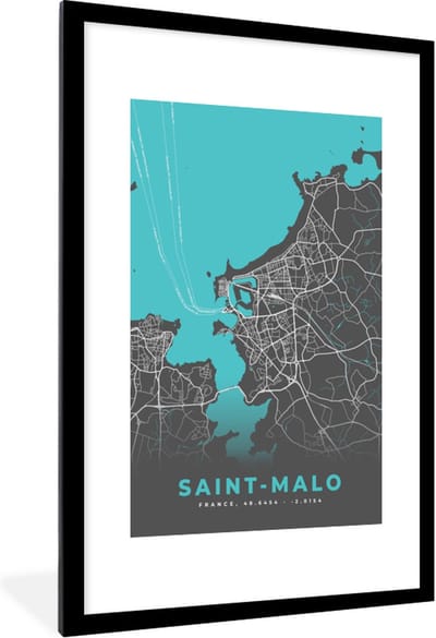 Fotolijst incl. Poster - Saint-Malo - Stadskaart - Plattegrond - Kaart - Frankrijk - 80x120 cm - Posterlijst