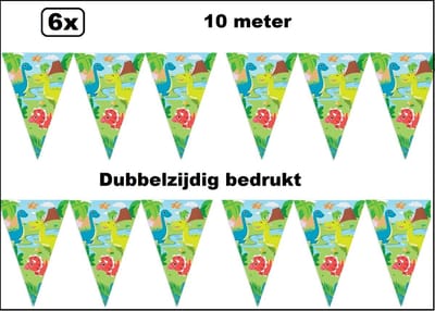 6x Vlaggenlijn Dinosaurus 10 meter - Dubbelzijdig bedrukt - Dino thema feest party