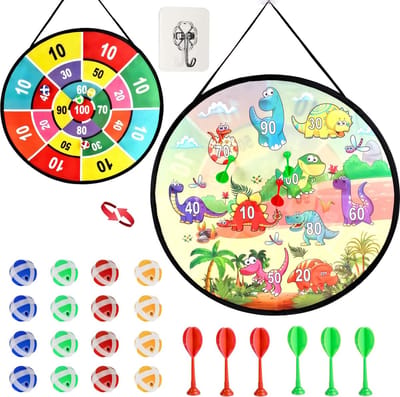 dartbord voor kinderen, 66 cm dinosaurus thema dartbord met 16 plakballen en 4 darts werpschijf, veilig kinderspeelgoed, buiten binnenspel voor jongens en meisjes vanaf 3 jaar