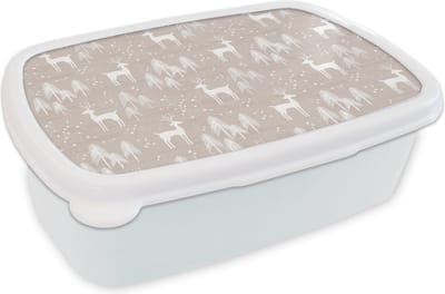 Broodtrommel Wit - Lunchbox - Brooddoos - Patronen - Hert - Wit - Beige - 18x12x6 cm - Volwassenen