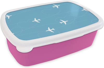 Broodtrommel Roze - Lunchbox - Brooddoos - Vliegtuig - Hartje - Patronen - 18x12x6 cm - Kinderen - Meisje