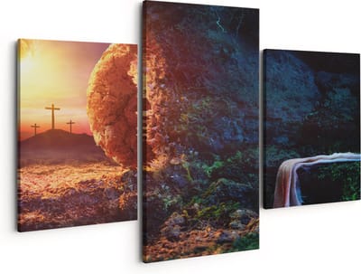 Artaza Canvas Schilderij Drieluik Kruisiging bij Zonsopgang - Opstanding Jezus - 150x120 cm - Groot - Wanddecoratie Woonkamer - Schilderijen - Muurdecoratie