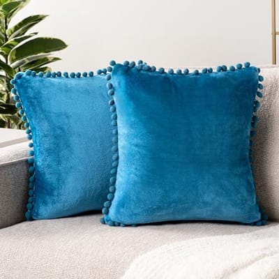 Turquoise Teal Blauw Sierkussenhoezen Set van 2 met Pom Pom | Decoratieve Fluwelen Kussenhoezen voor Woonkamer en Slaapkamer