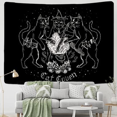 Kat Hekserij Wandtapijt Muurhanger Bohemien Psychedelische Kat Baai Waarzeggerij Mysterieus Zwart Cool Woondecor 95x70cm gray