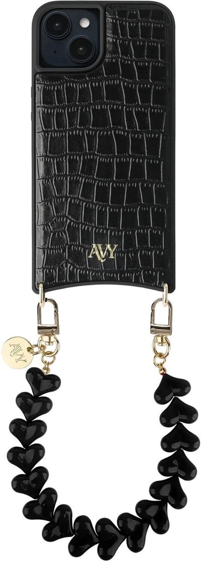 AVY Leren Hoesje Geschikt voor Apple iPhone 15 | Compatibel met MagSafe | Leather Case met Telefoonkoord | Polsband | Croco Zwart | Cupid Black