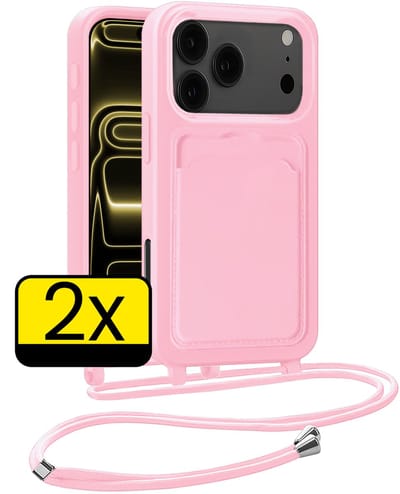 Hoesje Geschikt voor iPhone 17 Pro Telefoonhoesje Met Koord Case Pashouder Siliconen - Hoes Geschikt voor iPhone 17 Pro Hoesje Met Kaarthouder - Lichtroze - 2 Stuks