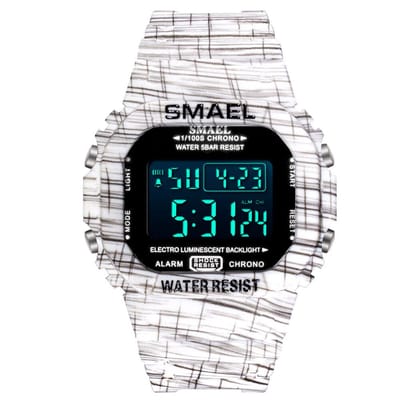 Digitaal Shockbestendig Heren Horloge Wit met Zwarte strepen | Smael | 1801 | Waterdicht | Glow in dark | Mud Master | Leger ARMY  | Licht | Rubberen band | Timer | Eyecatcher | Master| kado