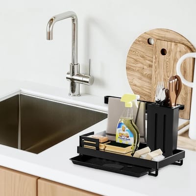 Sponshouder voor aanrecht, organizer voor de gootsteen met sponsborstel, afvoergleuf en zeepdispenser, handige keukenaccessoires voor een opgeruimd aanrecht