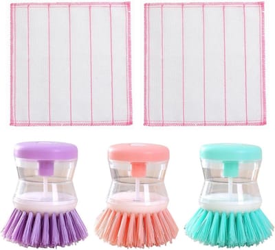 Dailygoods- Afwasborstel met afwasmiddeldispenser - Afwasborstel - Keukenreinigingsborstel - Microvezeldoek - 3 stuks - Kunststof, geschikt voor diverse reinigingsbehoeften - Keukenborstel