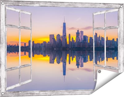 Gards Tuinposter Doorkijk New York Skyline bij Zonsopgang - 90x60 cm - Tuindoek - Tuindecoratie - Wanddecoratie buiten - Tuinschilderij