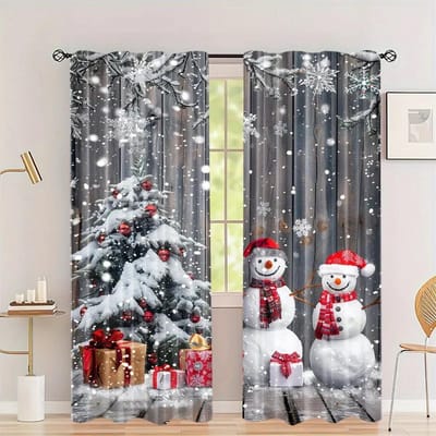3D 2-delige Luxe Kerstgordijnen Platina Eland Sneeuwscène Wintercadeaus Woonkamer Slaapkamer Keuken Vakantiedecor Gordijnen 50W50H(CM)X2PCS&Grommet Top gray
