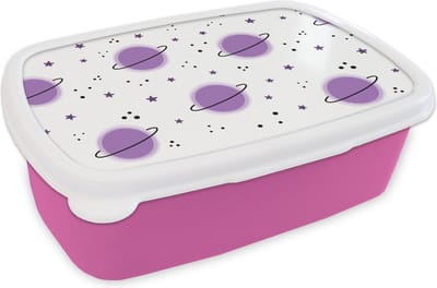 Broodtrommel Roze - Lunchbox - Brooddoos - Space - Planeten - Sterren - Ruimtevaart - Patroon - 18x12x6 cm - Kinderen - Meisje