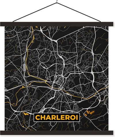 Posterhanger incl. Poster 60x60 cm - Schoolplaat - Stadskaart - Goud - Plattegrond - Charleroi - Kaart - Textielposter - Zwarte latten - Stadskaart