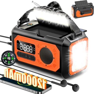 12000mAh Emergency Radio met 2 Zonnepanelen, AM/FM Solar Crank Radio voor Noodgevallen, Zaklamp, Leeslamp, SOS, Kompas voor Hurricane Storm Camping Survival