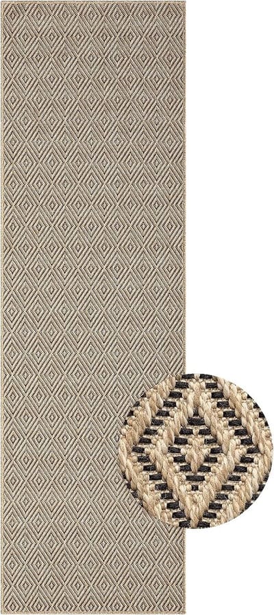 the carpet Kansas – Robuust In- & Outdoor Vloerkleed – Weerbestendig & Slijtvast – Ruitpatroon – Naturel – 60 x 180 cm