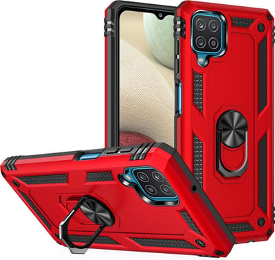 Hoesje Geschikt Voor Samsung Galaxy A12 Hoesje - Galaxy A12 Rood hoesje Anti-Shock Hybrid Armor case Ring houder TPU backcover met kickstand