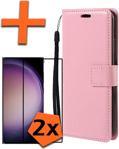 Hoes - Met 2x Screenprotector - Geschikt voor Samsung Galaxy S23 Ultra - Luxe Pasjeshouder - Bookcase Portemonee - Flip Case - Kunstleer Book Case - Flipcase Hoes - Book Cover - Walletcase - PortemonneeHoes - Lichtroze
