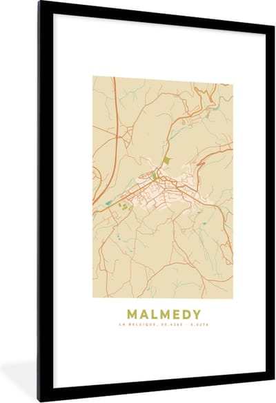 Fotolijst incl. Poster - Plattegrond - Kaart - België - Malmedy - Stadskaart - 60x90 cm - Posterlijst