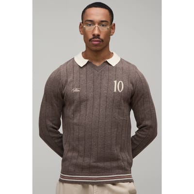 Regular Fit V Neck Ribbed Knitted Polo T-Shirt | Brown | Size Small