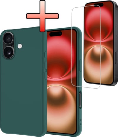 Hoesje - Met Screenprotector - Geschikt voor Apple iPhone 16 - Sterk & Shockproof - Back Cover - Siliconen Case - Telefoon Hoes - Donkergroen