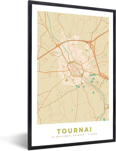 Fotolijst incl. Poster - Kaart - België - Tournai - Stadskaart - Plattegrond - 40x60 cm - Posterlijst
