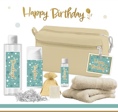 Geschenkset “Happy Birthday” - 7 producten - 600 gram - Triomf Cosmetica | Giftset Toilet tas voor haar Luxe Wellness Set Vrouw Giftset Verjaardag Cadeautje Vrouw Gift Speciaal voor jou Verjaardagscadeautje Vriendin Moeder Gastendoekjes Turquoise