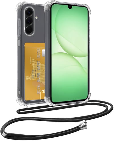 Hoes Geschikt voor Samsung A17 Hoesje Pas Houder Shock Proof Case Hoes Met Koord - Hoesje Geschikt voor Samsung Galaxy A17 Hoes Met Telefoonkoord Pasjeshouder Cover - Transparant