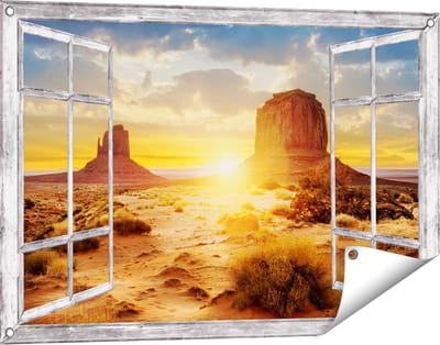Gards Tuinposter Doorkijk Zonsondergang in Woestijn Monument Valley - 90x60 cm - Tuindoek - Tuindecoratie - Wanddecoratie buiten - Tuinschilderij