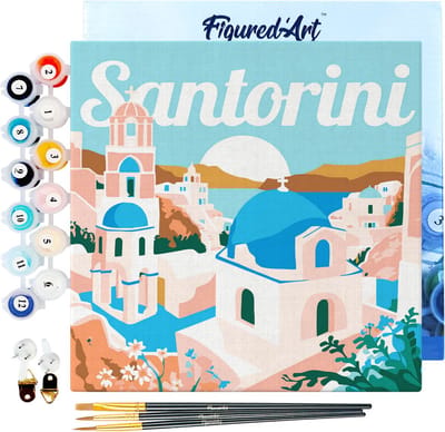 Figured'Art Mini Schilderen op Nummer Volwassenen 20x20cm met lijst Reisposter Santorini Zonsopgang - Klein Formaat Creatieve Hobby Kit DIY Art Nummer Compleet