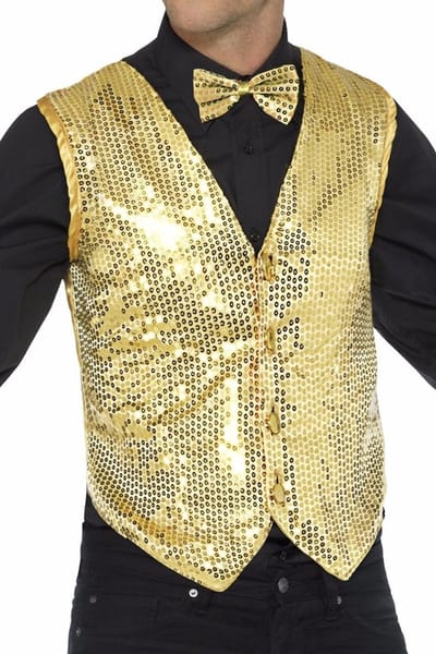 Smiffys Pailetten Gilet - vestje - goud - heren - polyester - glitter jasje - Carnavalkleding - show - oud en nieuw verkleedkleding 48/50