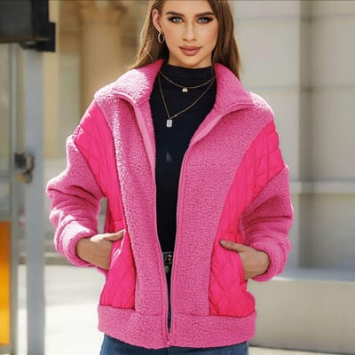 Cardigan à manches longues zippé pour femme automne et hiver, patchwork peluche, veste courte pour femme 2XL rouge rose