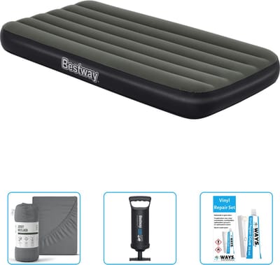 Bestway luchtbed - 1-Persoons - 99 x 188 x 28 cm - Blauw - Inclusief pomp - Hoeslaken - Pomp en Reparatieset