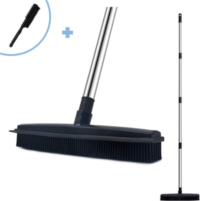 2 in 1 Rubberen bezem – Bezem binnen & buiten – Vloerwisser met steel - Met huisdierhaar verwijderaar - Vloertrekker – Veger - Extra lang 160cm